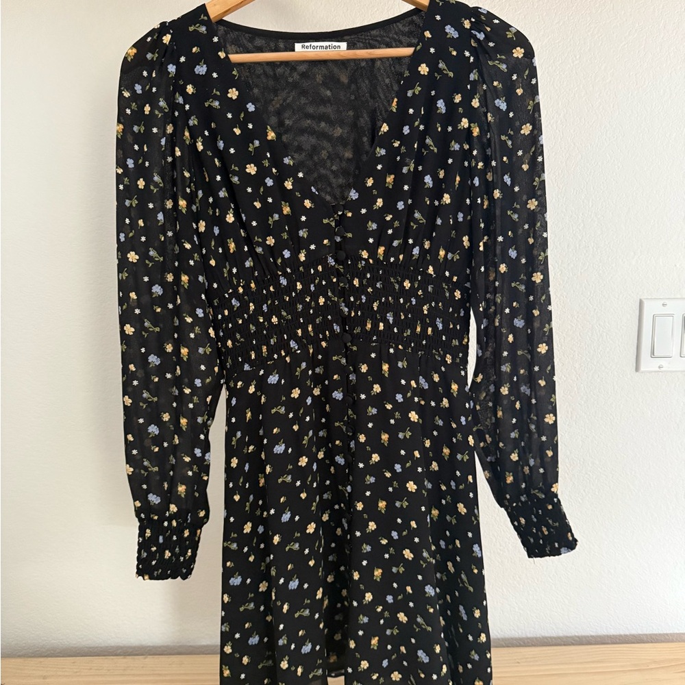 Reformation Black Dress with Floral Accents